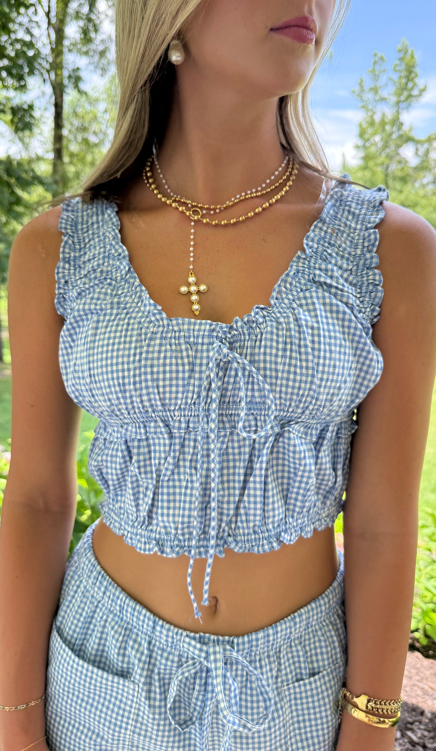 Bluebell Gingham Ruffle Top Cottage core Cropped Tank