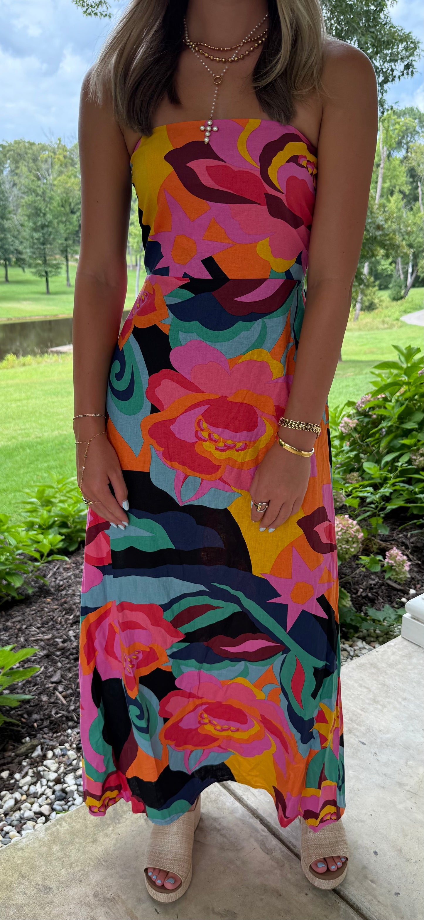 Island Daydream Dress Tropical Linen Strapless Maxi