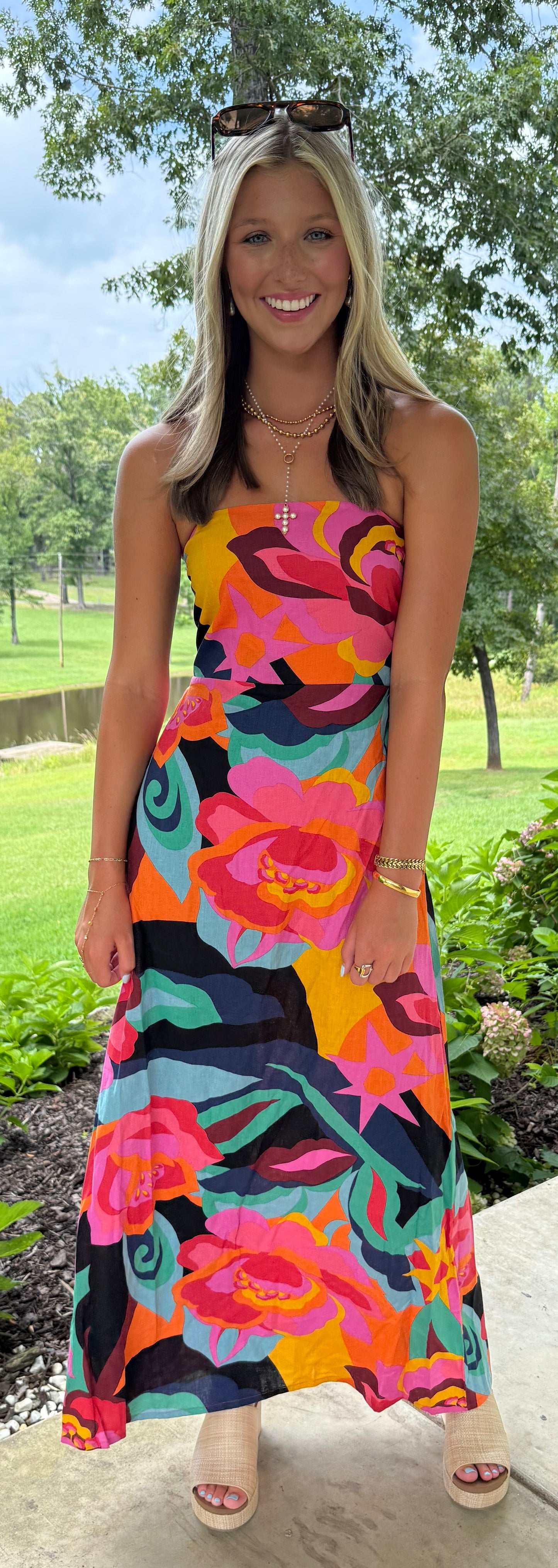 Island Daydream Dress Tropical Linen Strapless Maxi