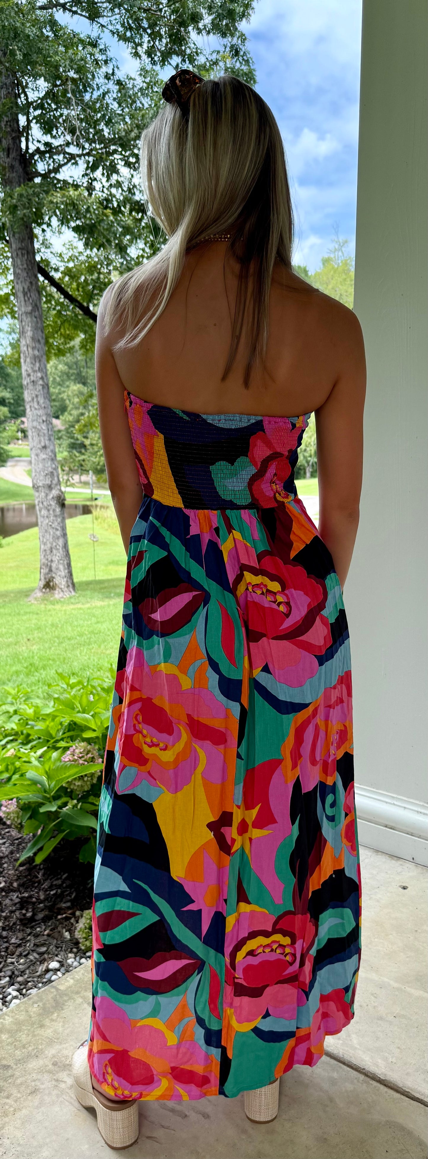 Island Daydream Dress Tropical Linen Strapless Maxi