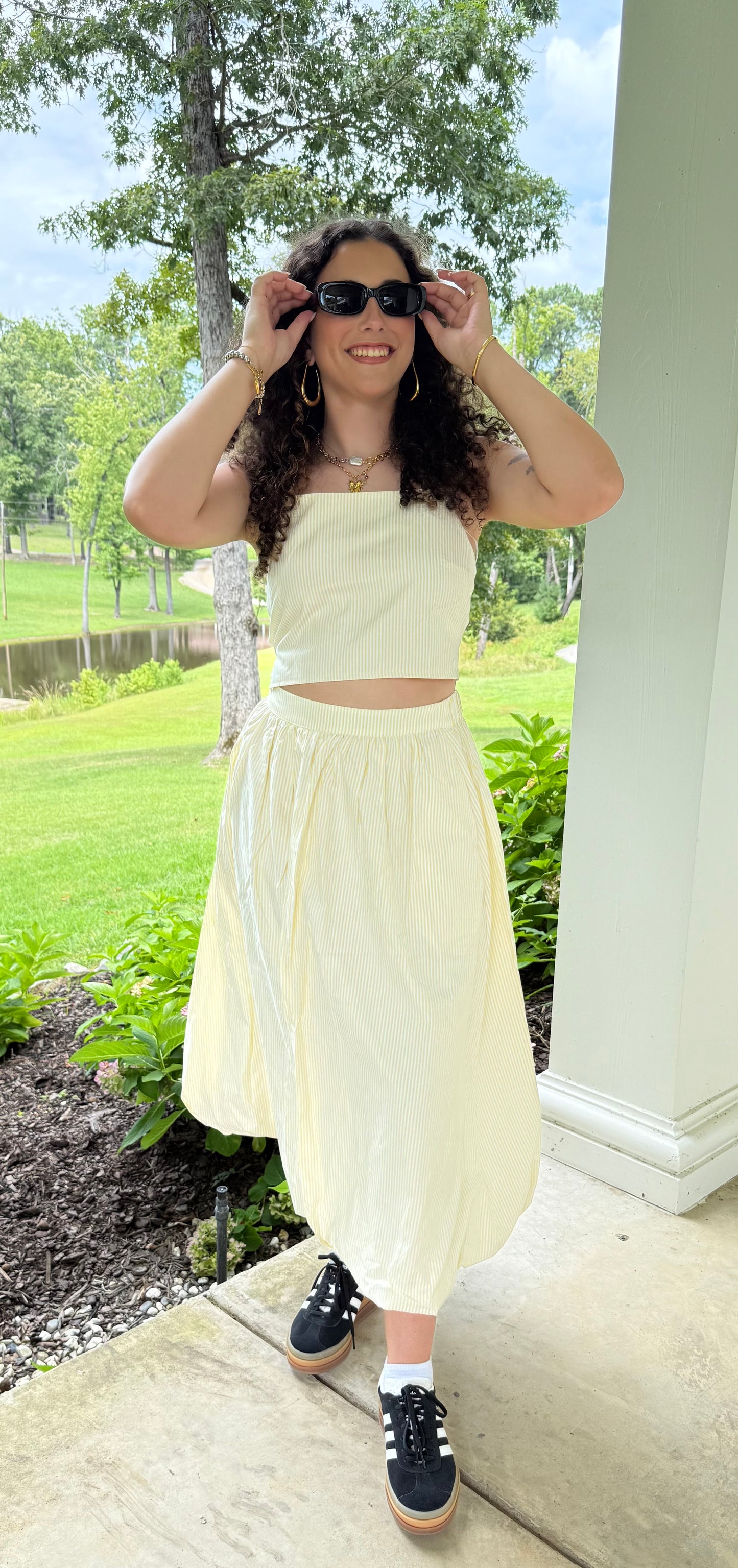 Lemon Meringue Set Pinstripe Tie-Back Tank & Bubble Skirt