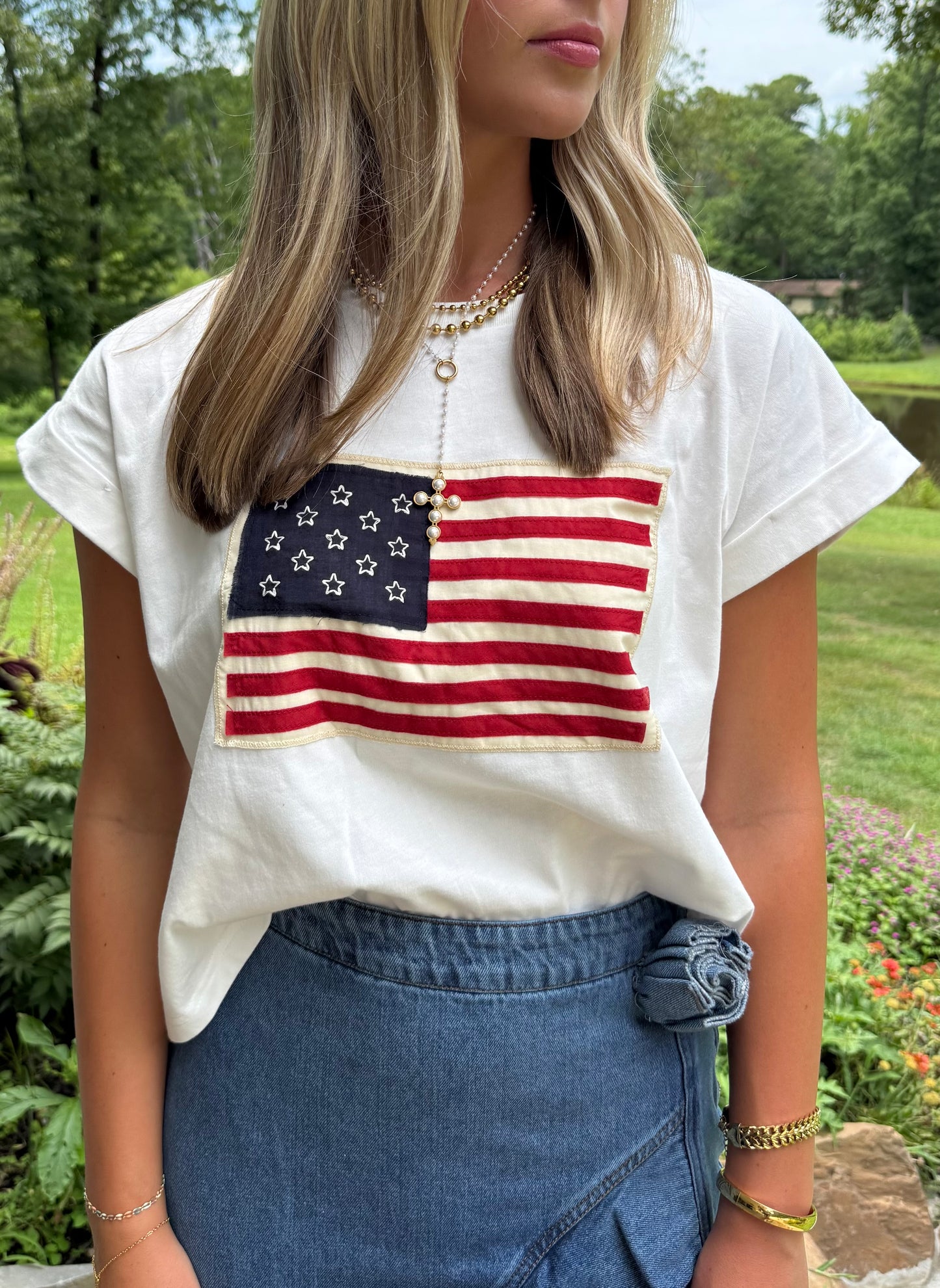 Star Spangled Patch Tee Vintage Flag Stitch Top