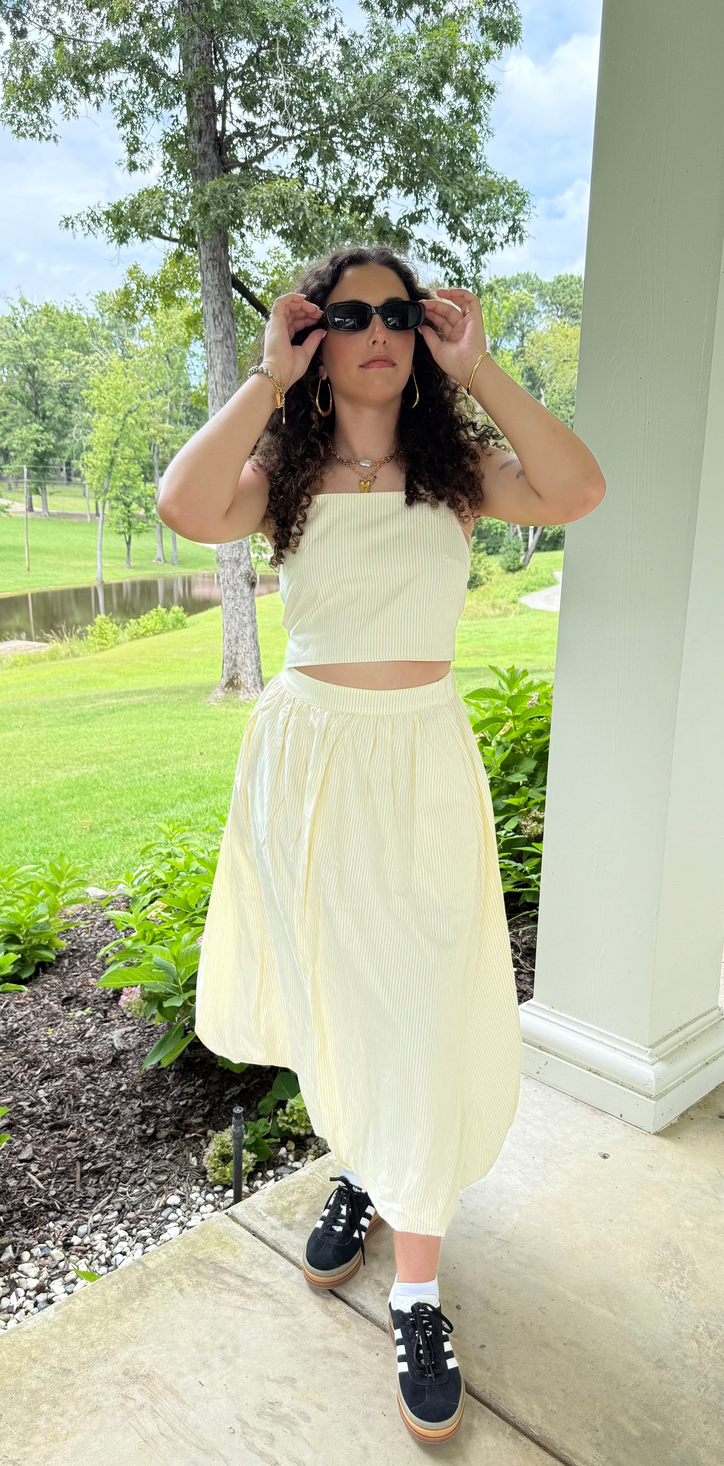 Lemon Meringue Set Pinstripe Tie-Back Tank & Bubble Skirt