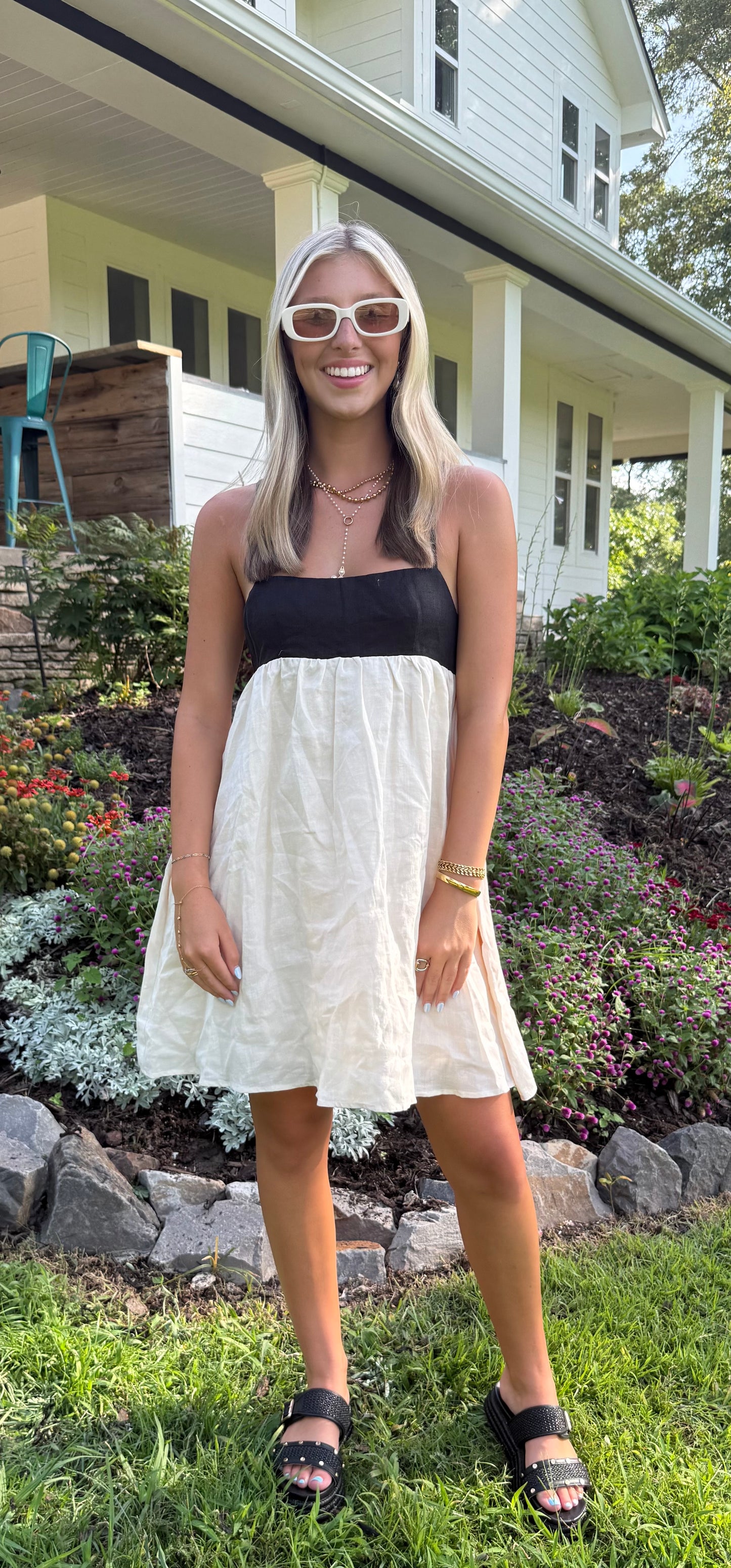 Espresso & Cream Mini Dress Linen Babydoll with Pockets