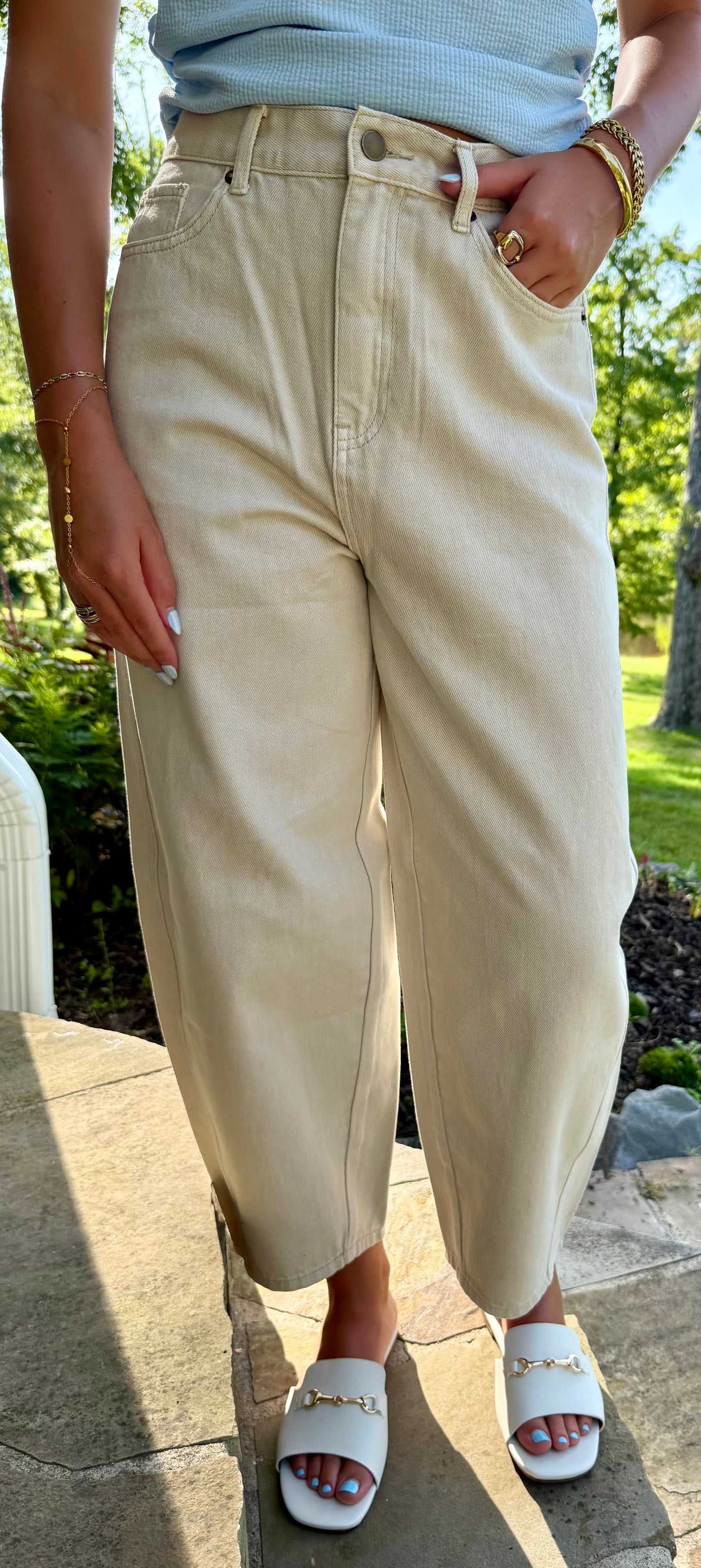 Beige Washed Barrel Pants