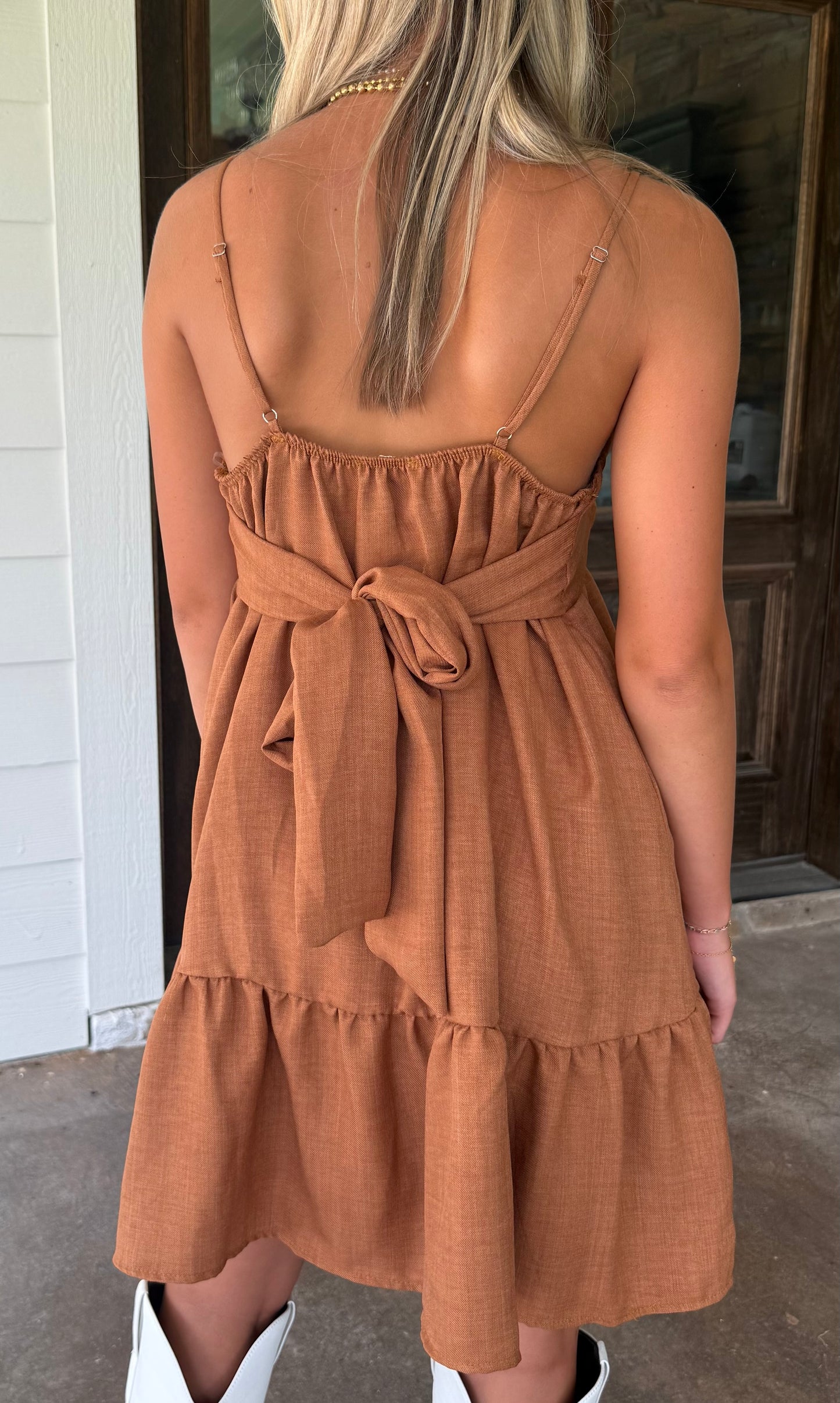 Backroad Breeze Mini Dress Rust Tiered Tie-Back Dress