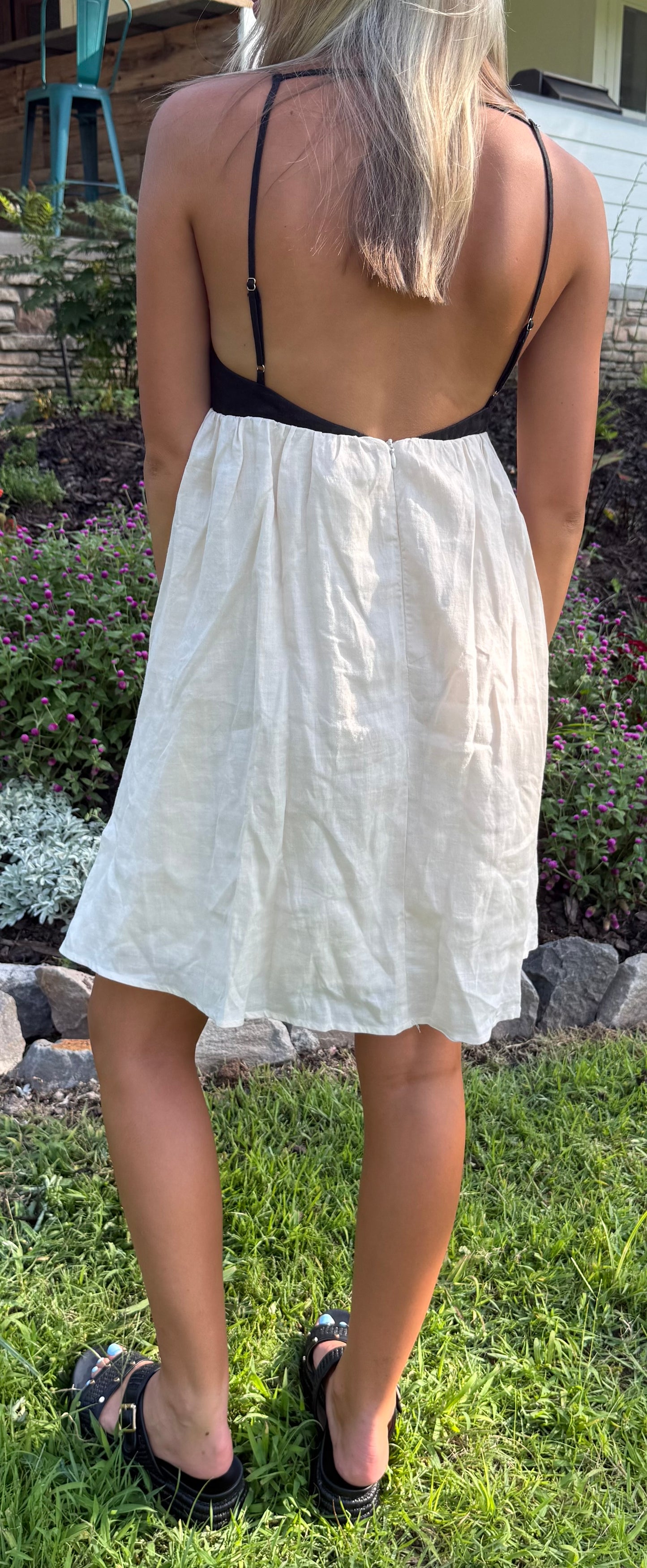 Espresso & Cream Mini Dress Linen Babydoll with Pockets