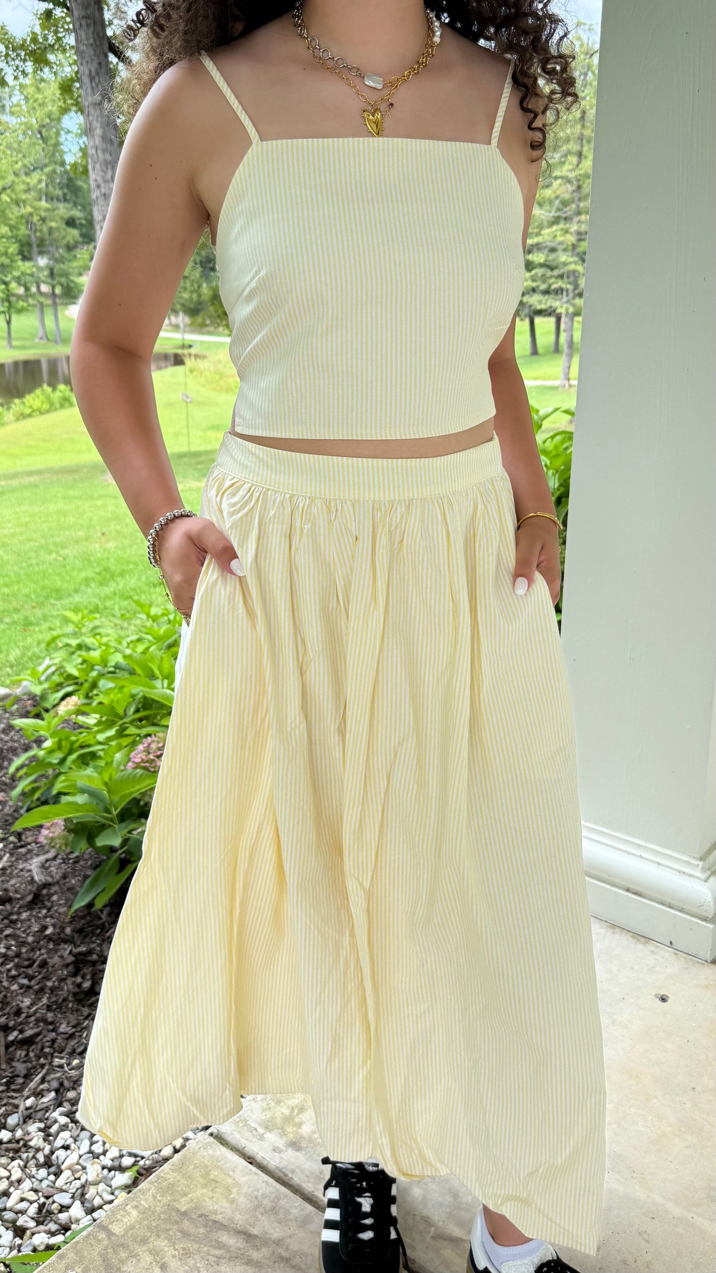 Lemon Meringue Set Pinstripe Tie-Back Tank & Bubble Skirt