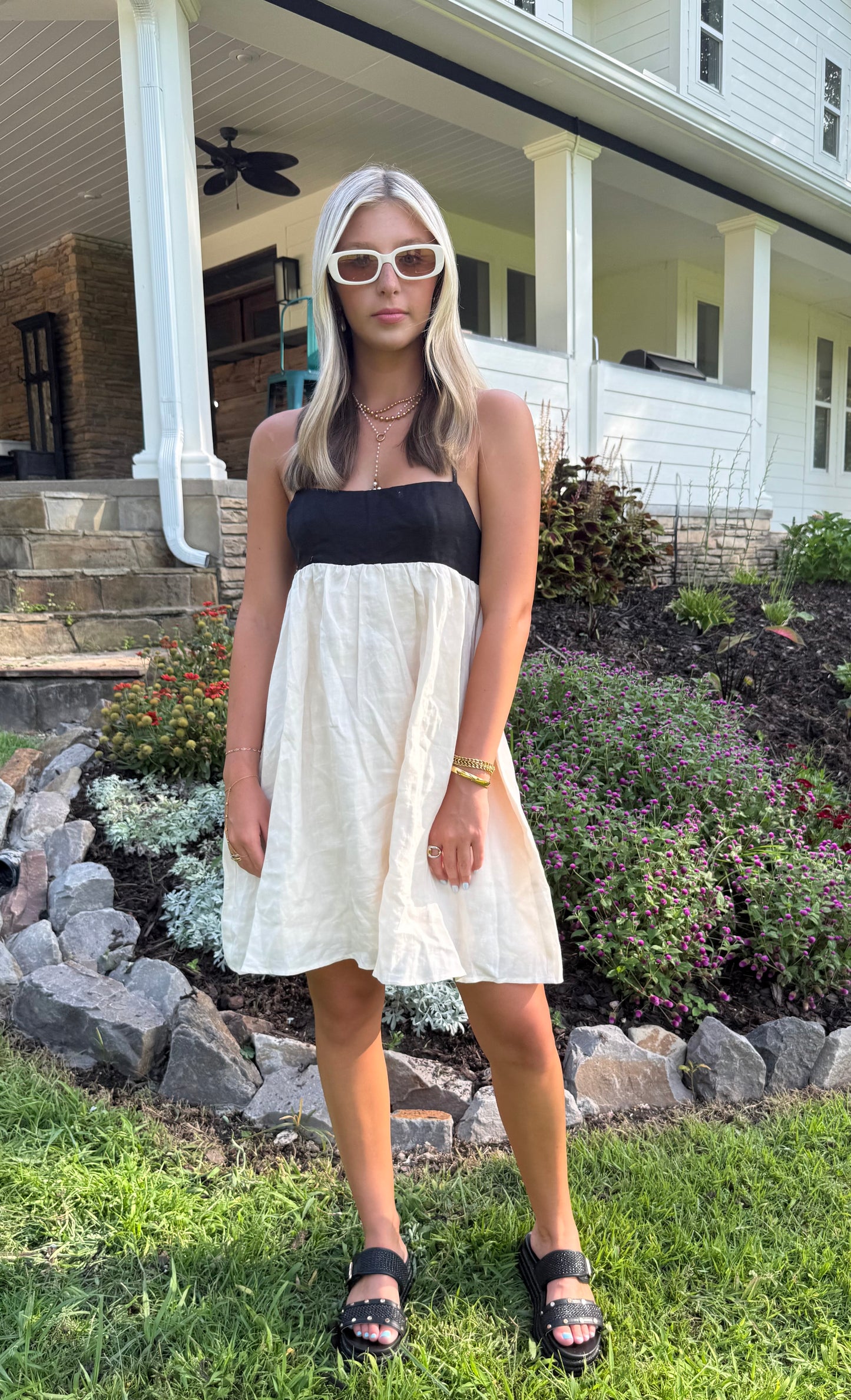 Espresso & Cream Mini Dress Linen Babydoll with Pockets