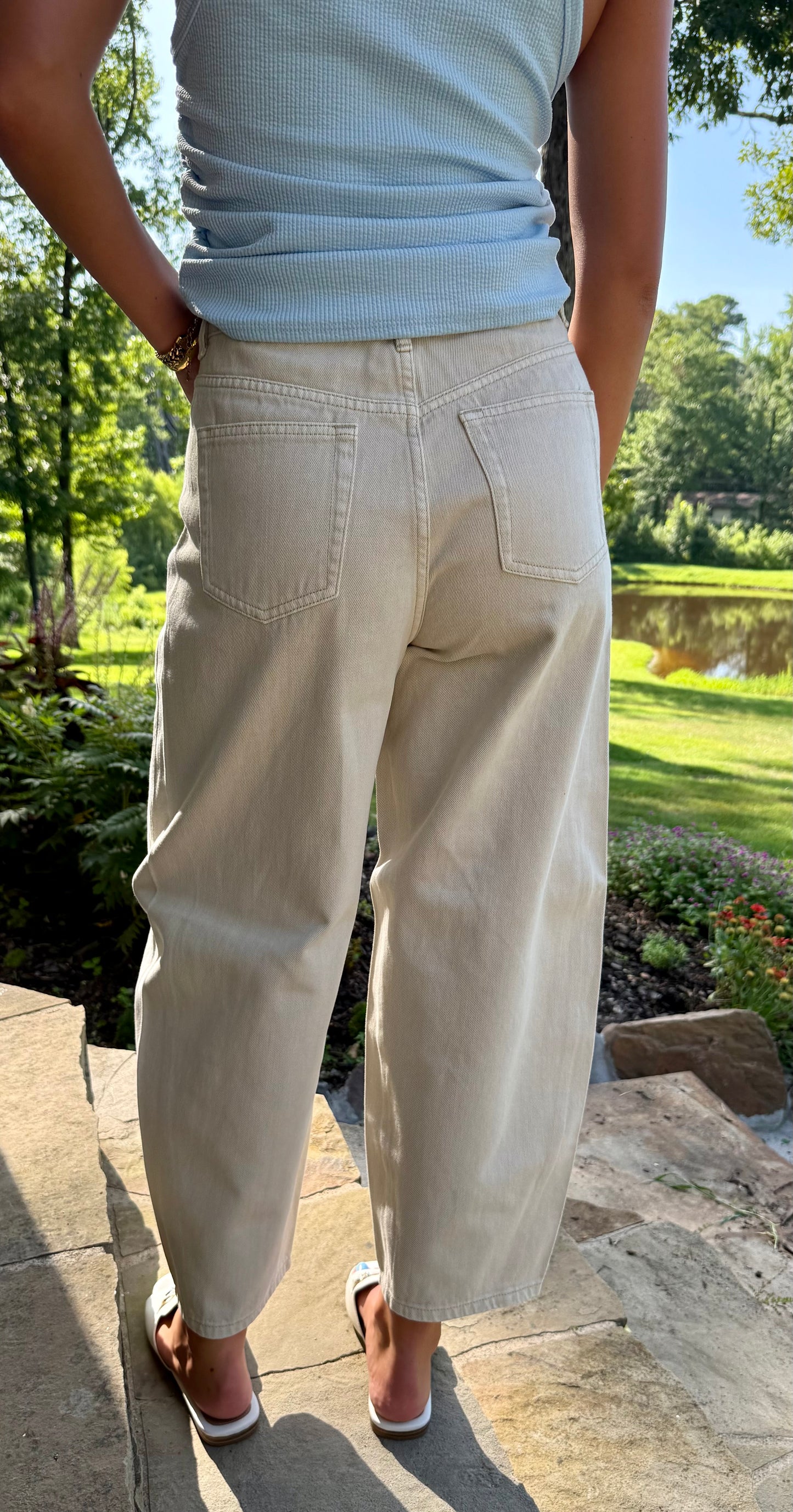 Beige Washed Barrel Pants