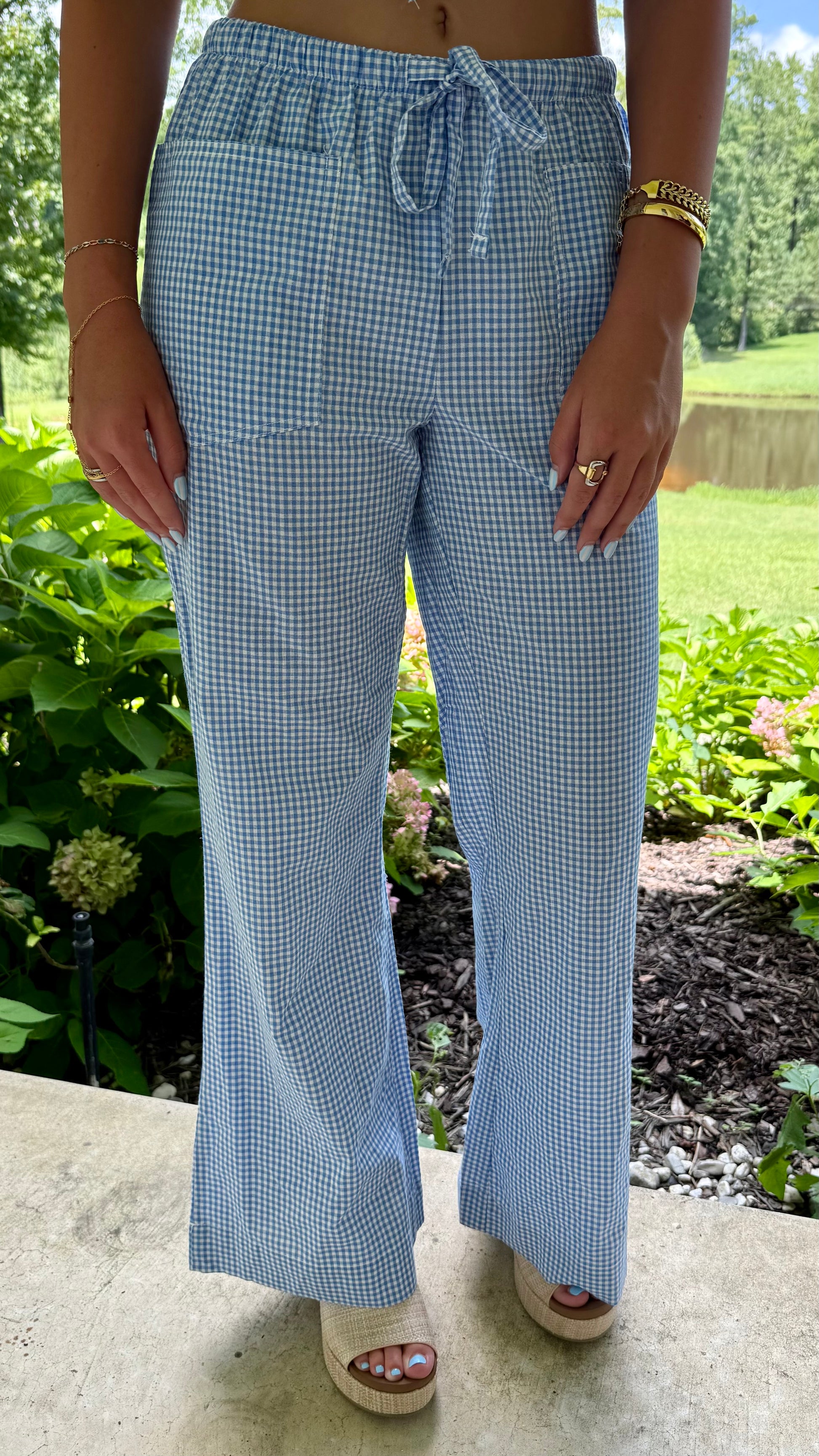 Bluebell Gingham Drawstring Pants Lightweight Wide-Leg