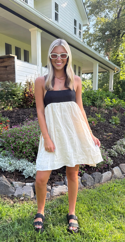 Espresso & Cream Mini Dress Linen Babydoll with Pockets