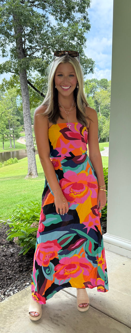 Island Daydream Dress Tropical Linen Strapless Maxi