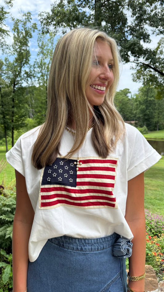 Star Spangled Patch Tee Vintage Flag Stitch Top