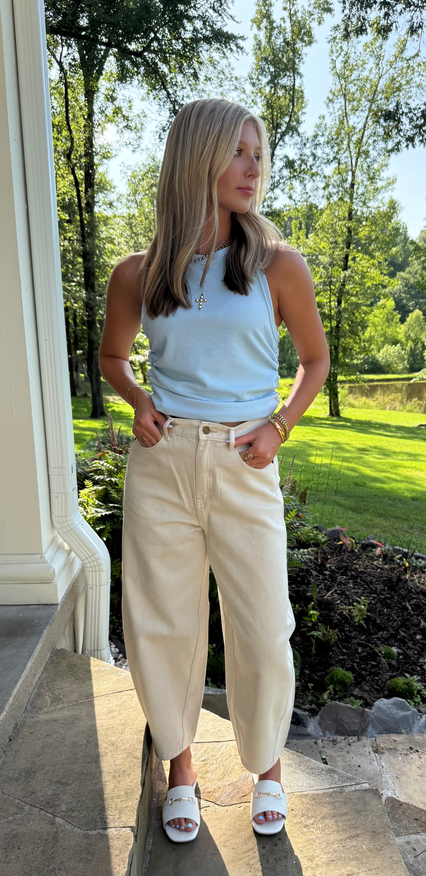 Beige Washed Barrel Pants