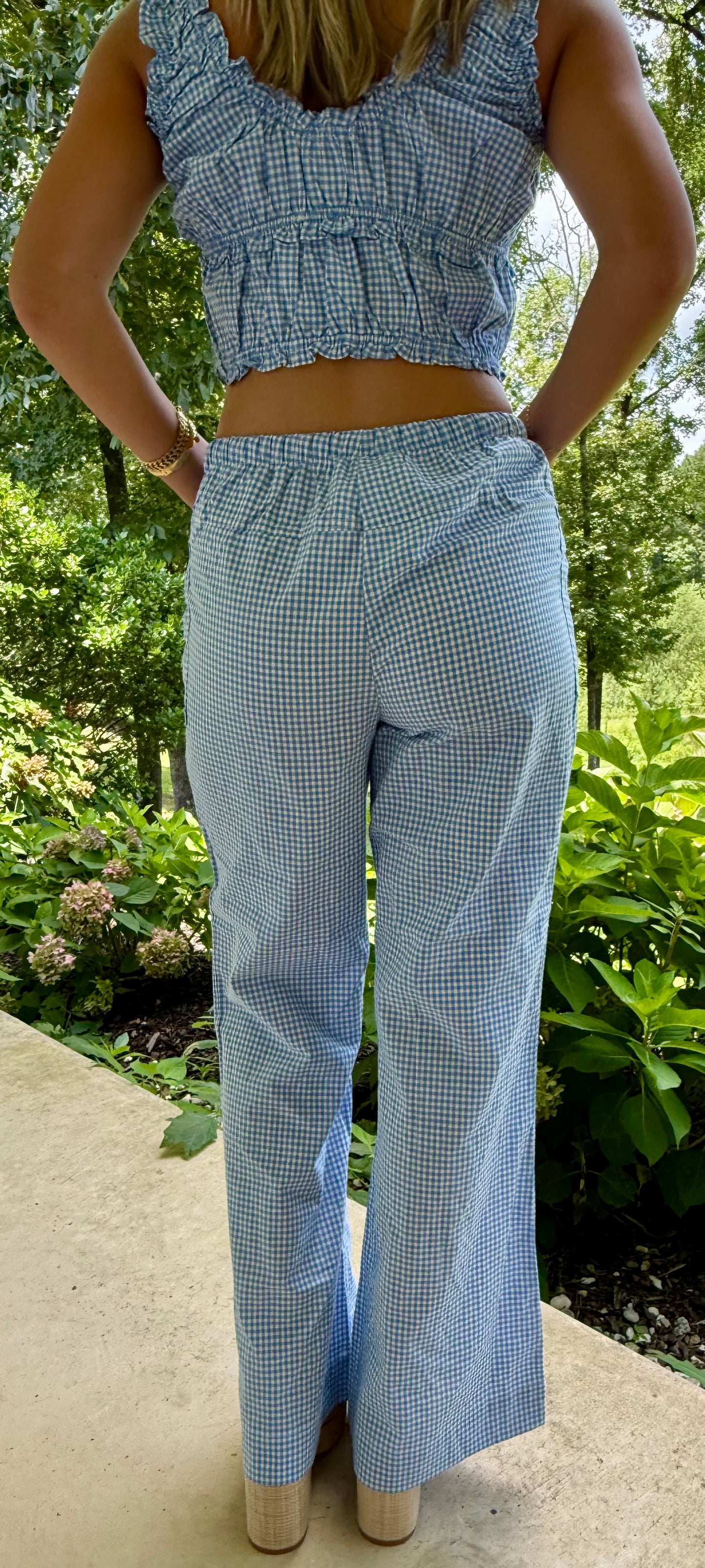Bluebell Gingham Drawstring Pants Lightweight Wide-Leg