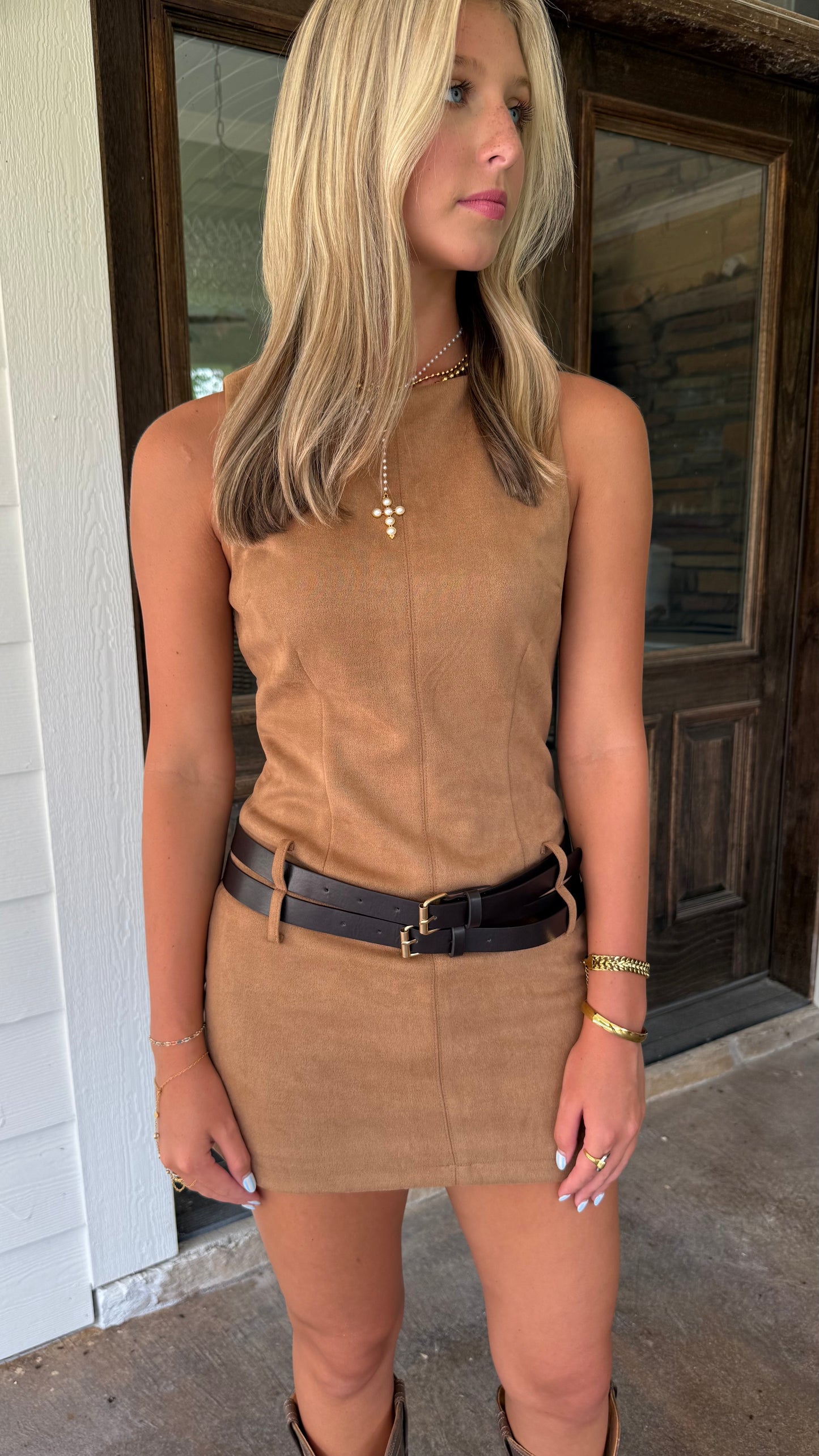 Double Belted Suede Mini Dress