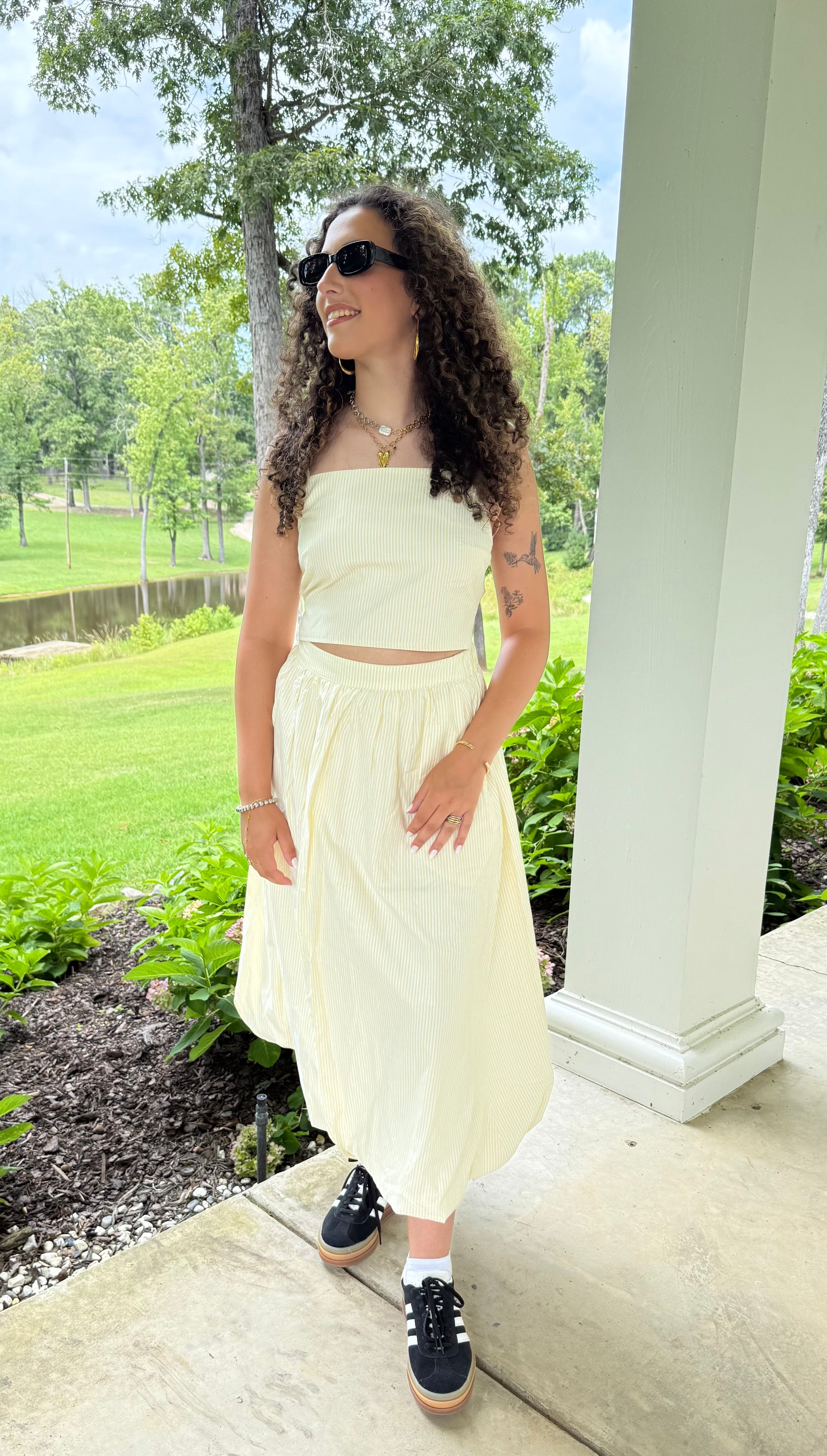 Lemon Meringue Set Pinstripe Tie-Back Tank & Bubble Skirt