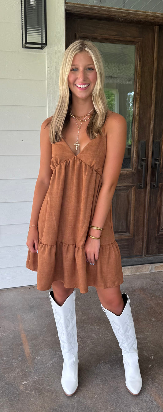 Backroad Breeze Mini Dress Rust Tiered Tie-Back Dress