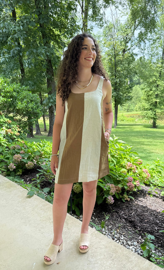 Split Decision Olive & Linen Stripe Dress with Pockets