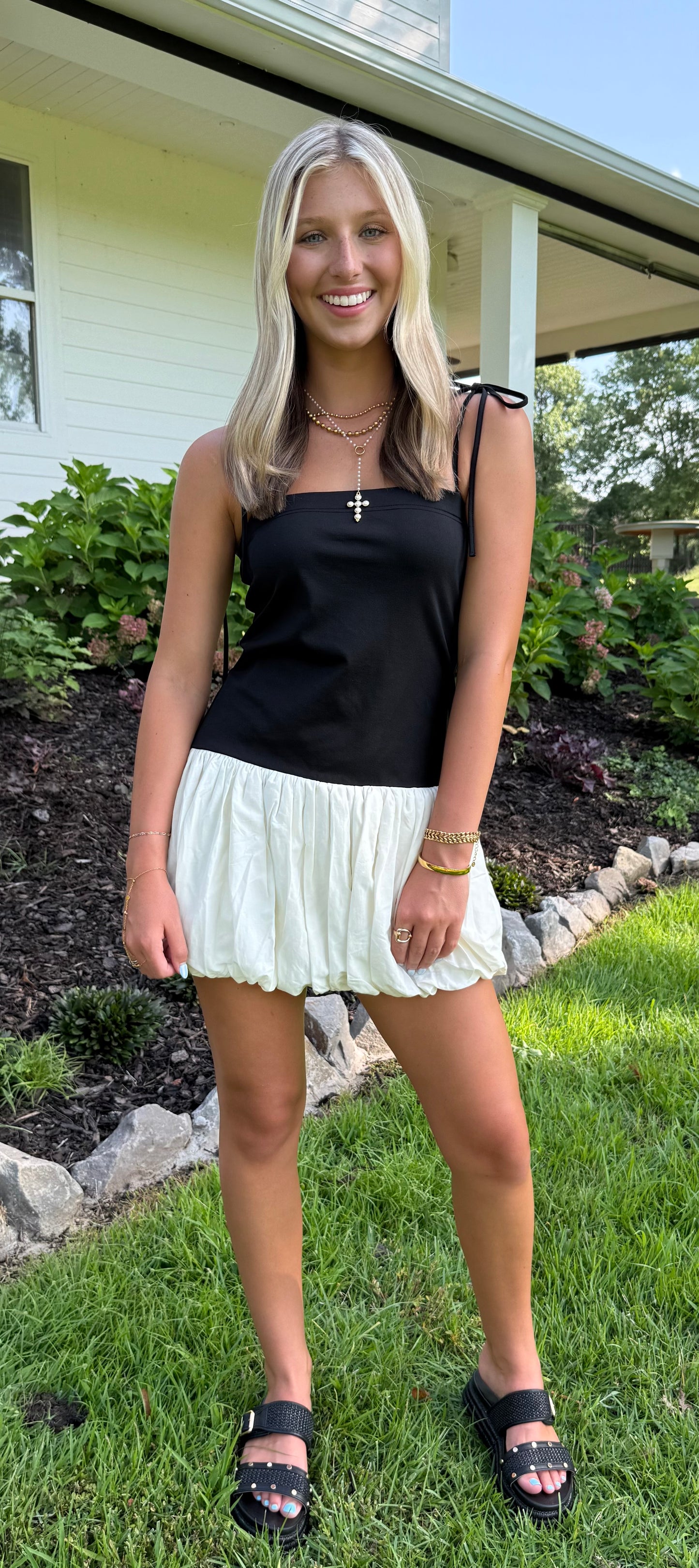 Square Neck Bubble Hem Mini Dress