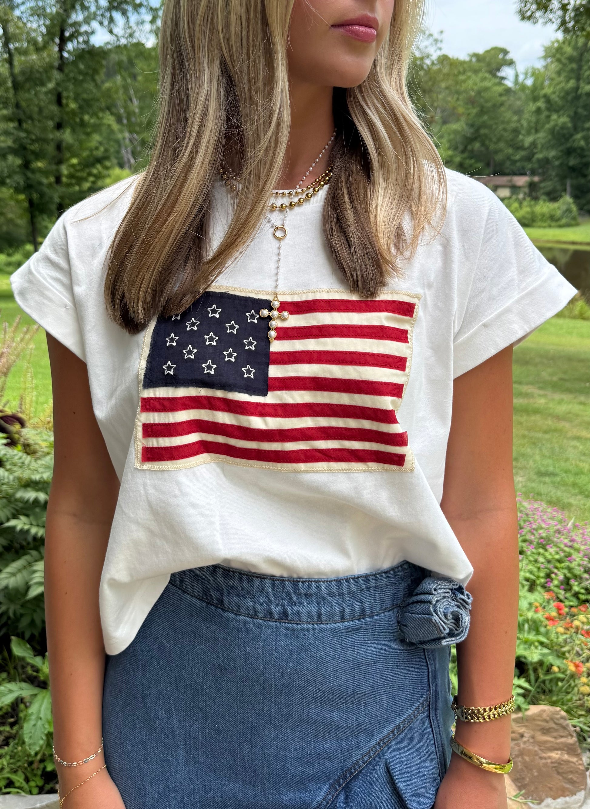 Star Spangled Patch Tee Vintage Flag Stitch Top