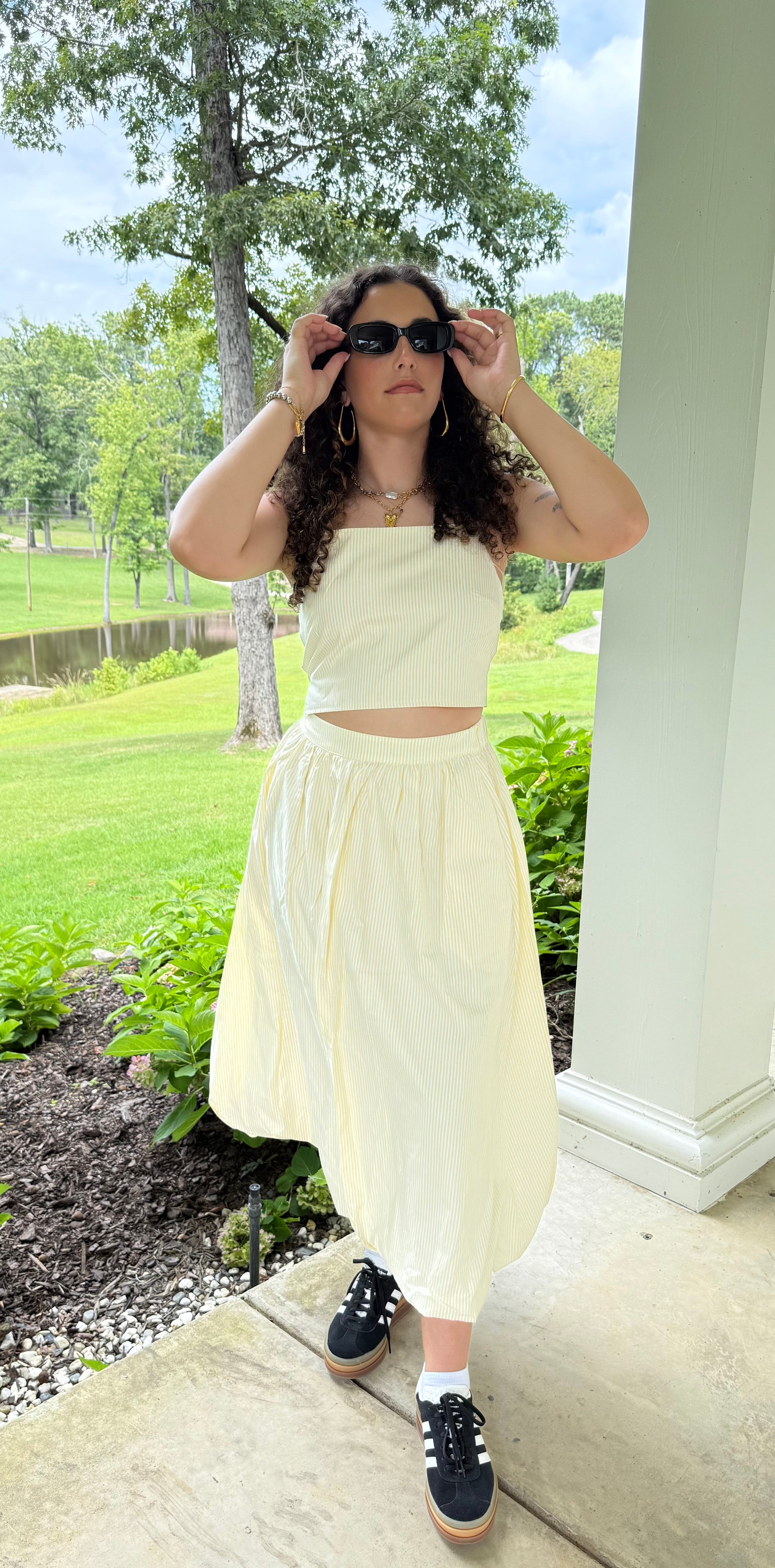 Lemon Meringue Set Pinstripe Tie-Back Tank & Bubble Skirt