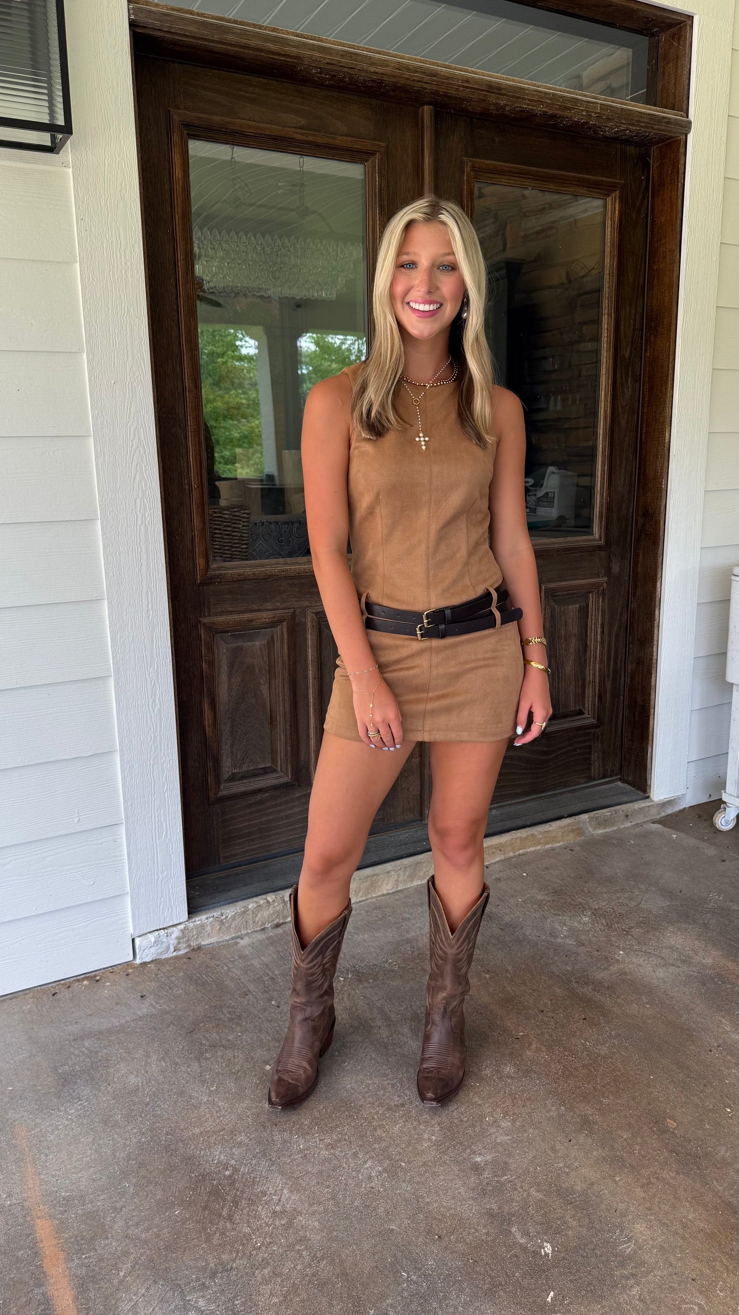 Double Belted Suede Mini Dress