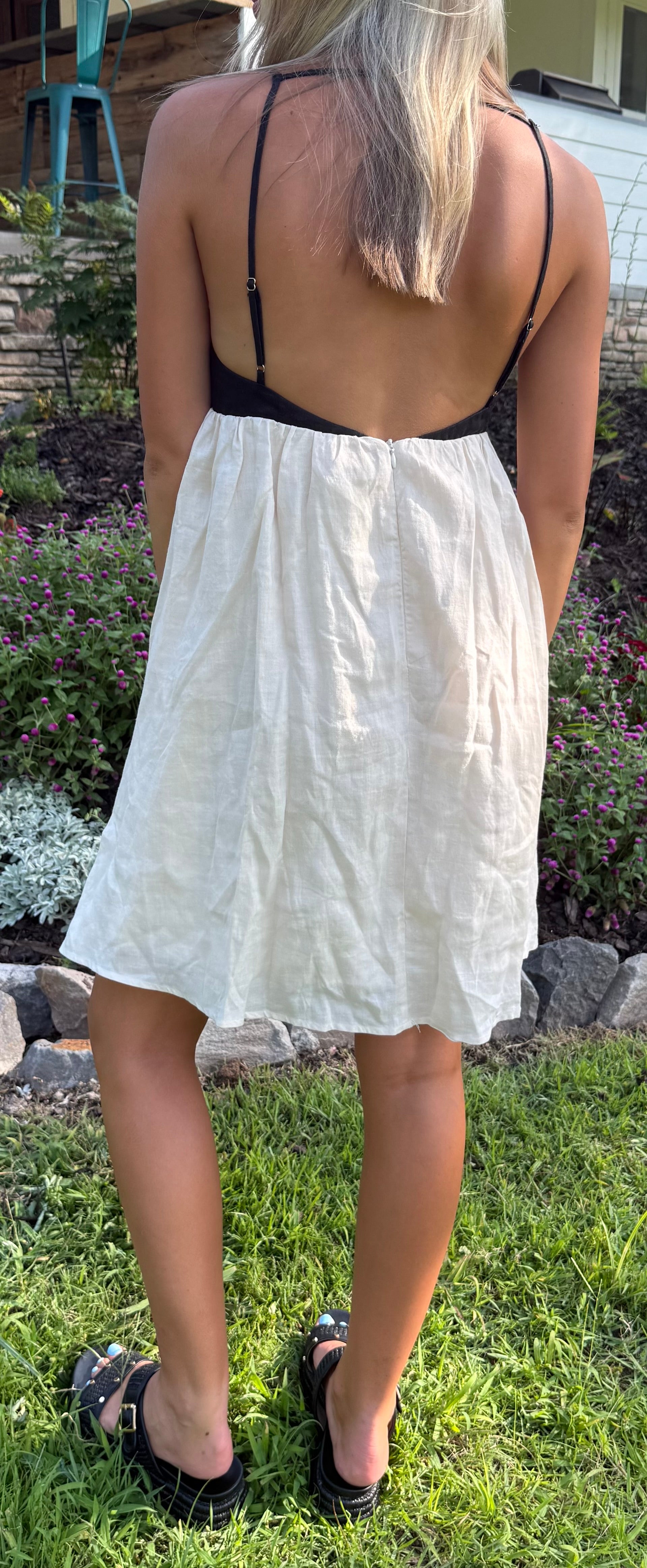 Espresso & Cream Mini Dress Linen Babydoll with Pockets
