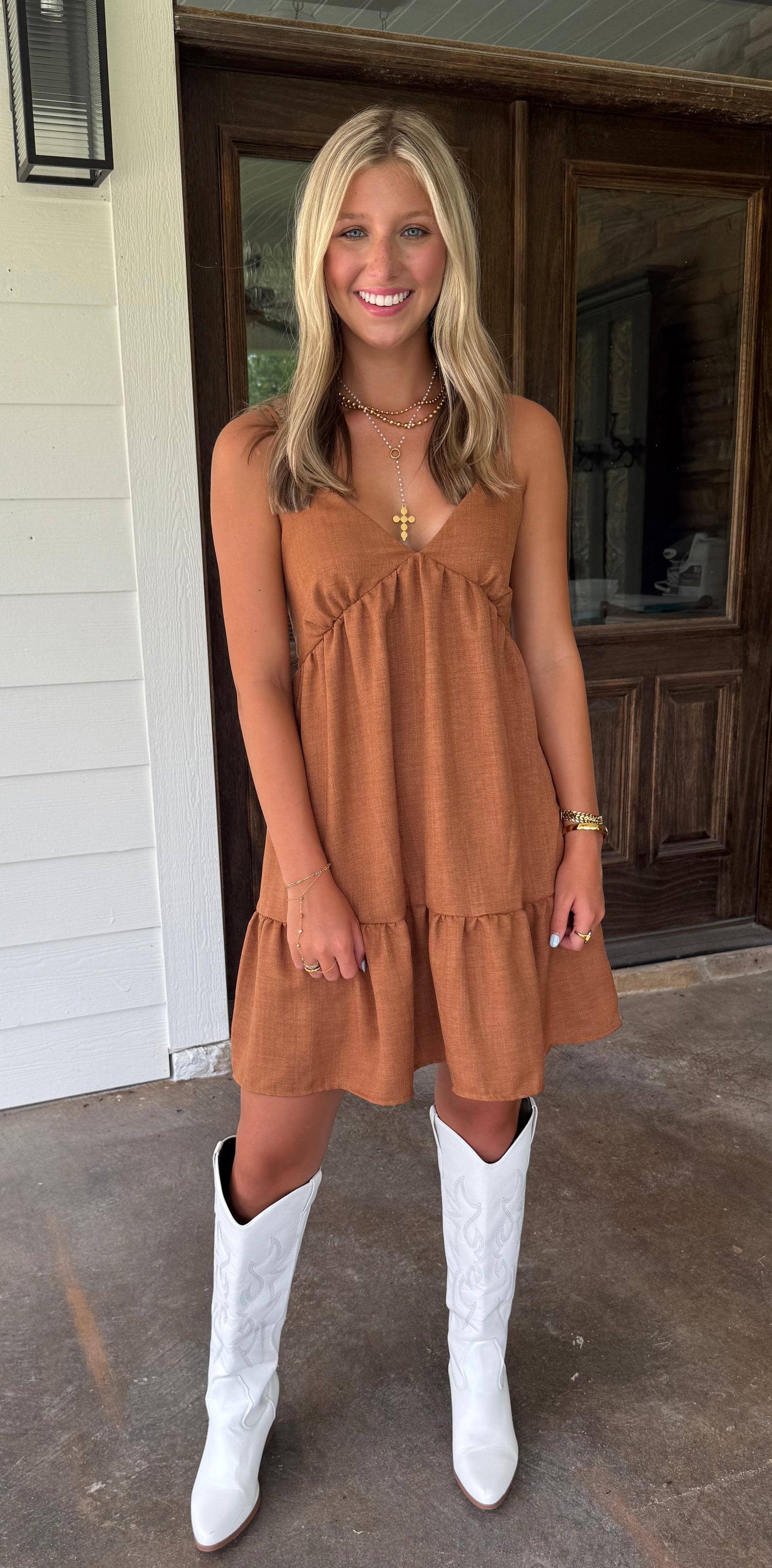 Backroad Breeze Mini Dress Rust Tiered Tie-Back Dress