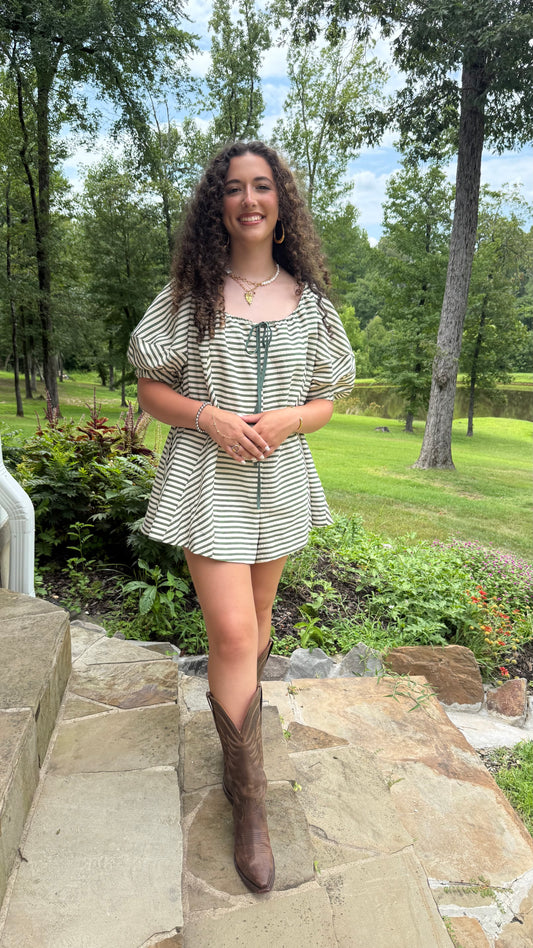 Weekend Muse Romper Striped Romper with Puff Sleeves